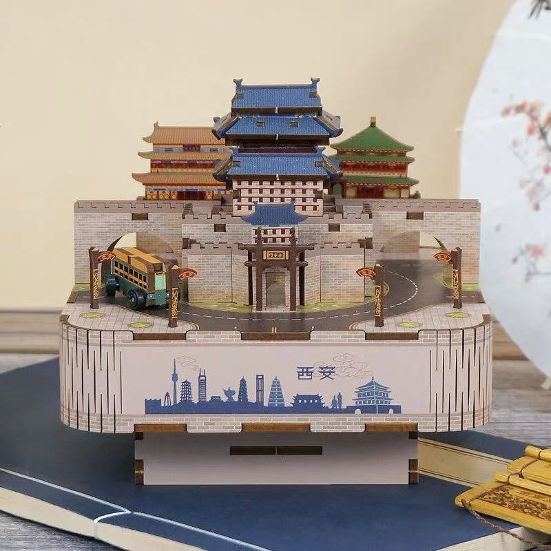 ancient chinese city diy music box - 3d wooden mechanical puzzle - miniature crafts