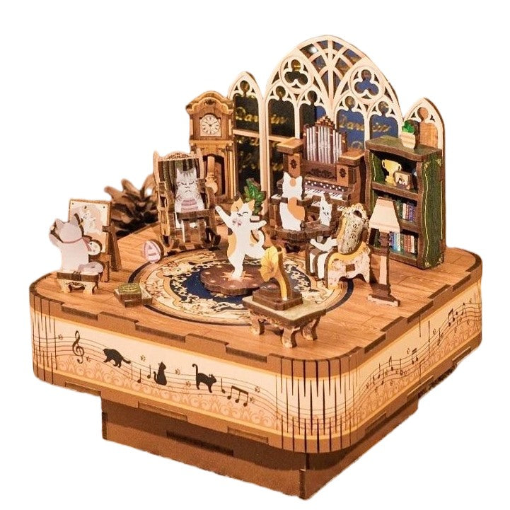 tonecheer diy music box - cat's party - 3d wooden mechanical puzzle - miniature crafts