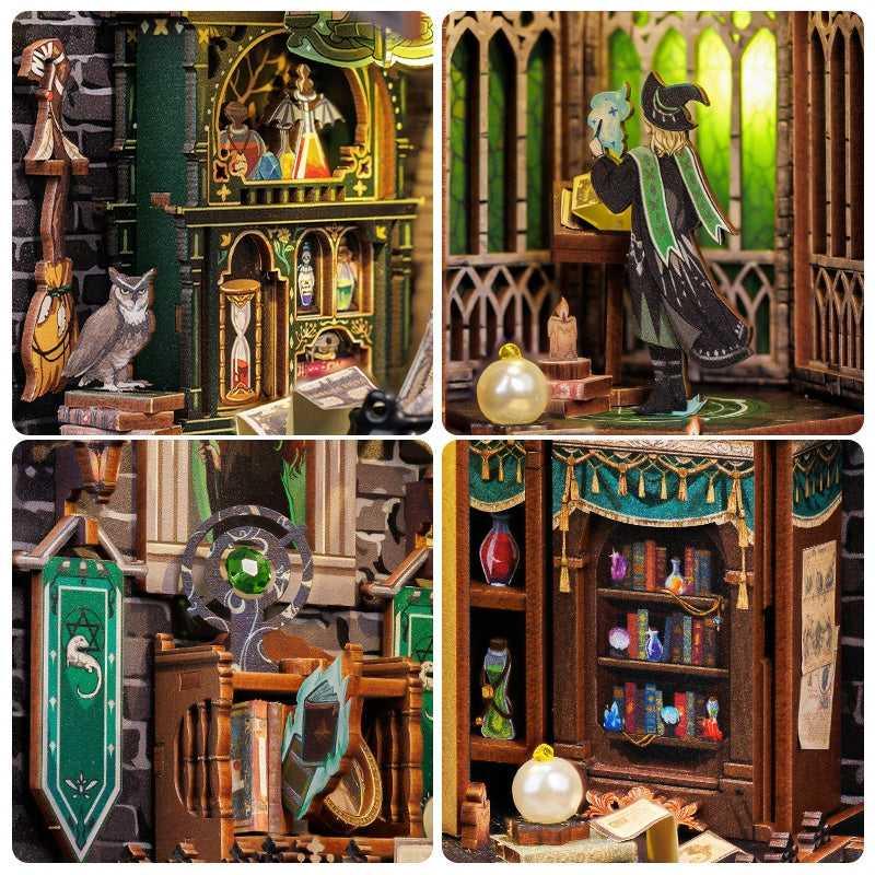 Darkness Common Room DIY Book Nook Kit, a magic college series miniature crafts inspired by Harry Potter, with abundant scenes, snap-in design, dust cover, perfect for bookend lovers, model building lovers, dollhouse collectors, bookshelf insert decor. A great DIY project for wizarding world lovers.