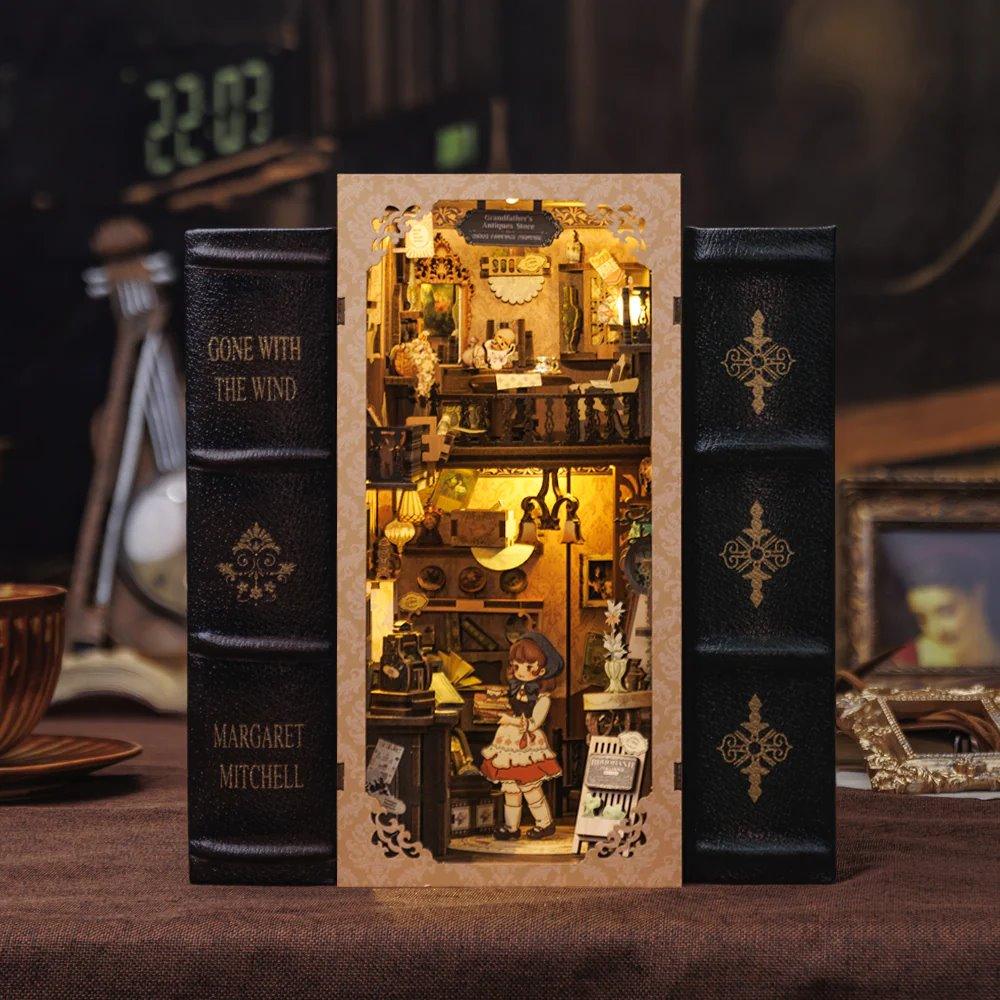 Grandfather’s Antique Store DIY Book Nook Kit, Bookshelf Insert Decor Diorama, 3D Wooden Puzzle Book end, Miniature Book Stand