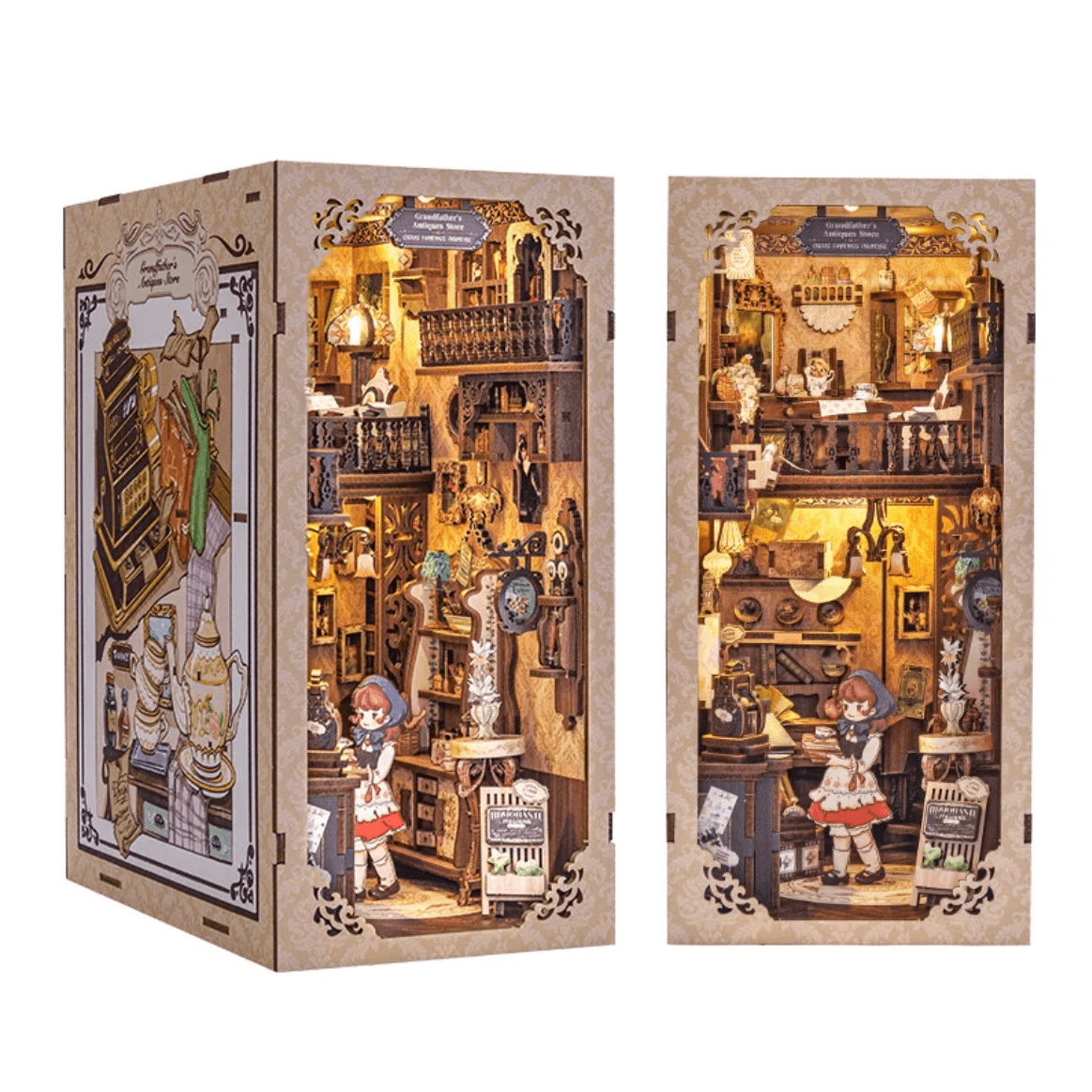 Grandfather’s Antique Store DIY Book Nook Kit, Bookshelf Insert Decor Diorama, 3D Wooden Puzzle Book end, Miniature Book Stand