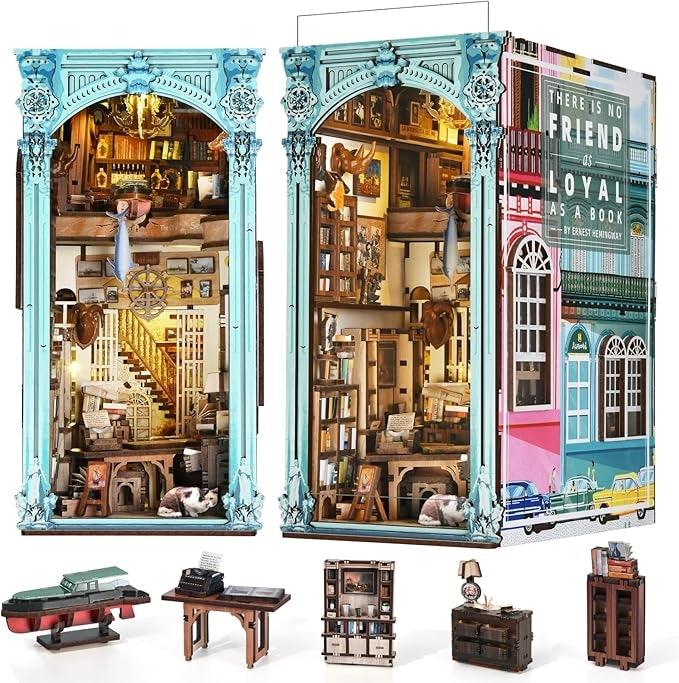 Hemingway House DIY Book Nook Kit, a miniature crafts allows you to recreate a miniature replica of Ernest Hemingway’s beloved home right on your bookshelf. Perfect for literature enthusiasts and DIY lovers alike, bookend lovers, model building lovers, dollhouse collectors, bookshelf insert decor.