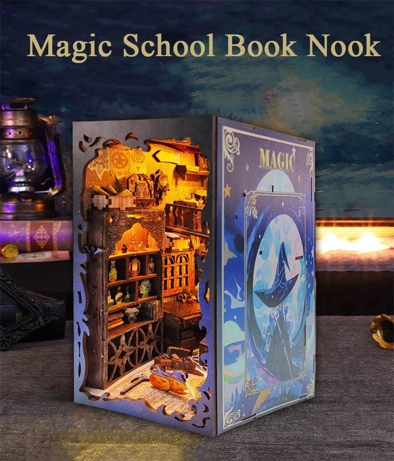 Magic School DIY Book Nook Kit | With Music Box | Bookshelf Insert Decor Diorama | 3D wooden Puzzles Bookend | Miniature House Crafts