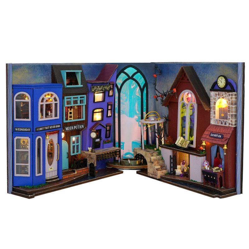 Magic Spell Street DIY Book Nook Kit, a miniature bookend inspired by diagon alley in Harry Potter. perfect for DIY lovers, dollhouse collectors, bookshelf insert decor, A great DIY project for magic world fans.