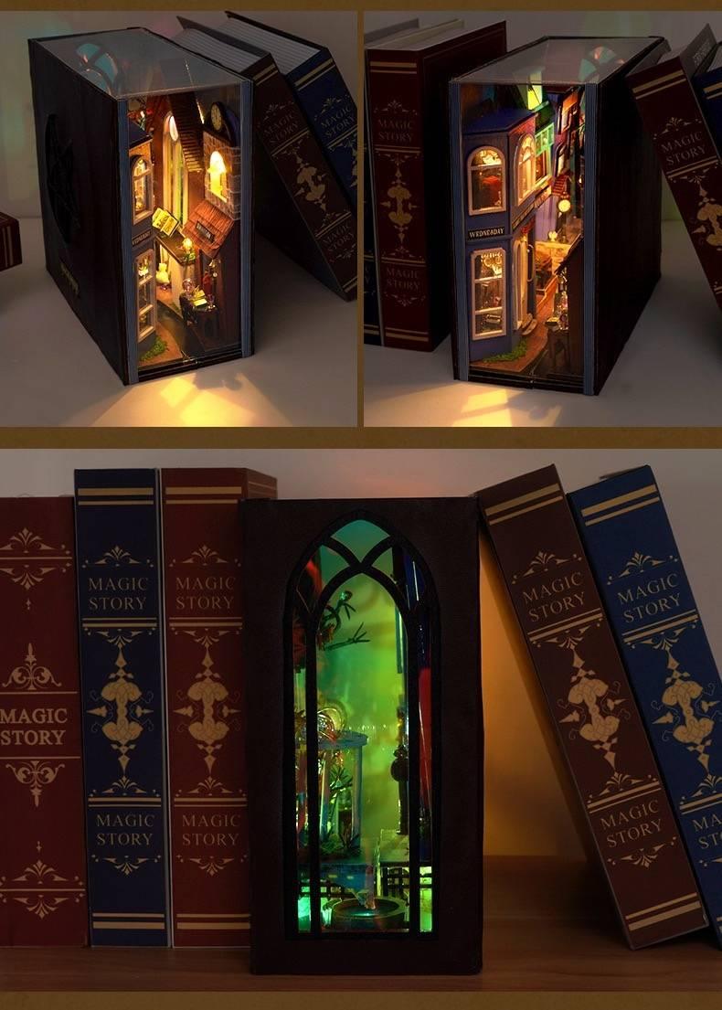 Magic Spell Street DIY Book Nook Kit, a miniature bookend inspired by diagon alley in Harry Potter. perfect for DIY lovers, dollhouse collectors, bookshelf insert decor, A great DIY project for magic world fans.