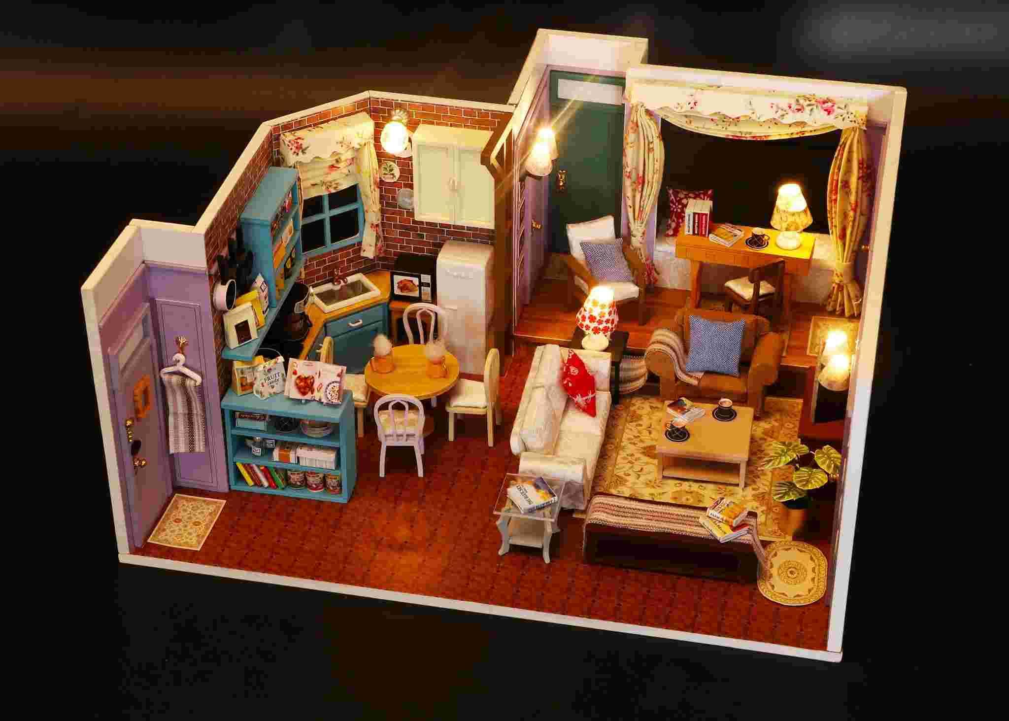 Monica's Apartment DIY Dollhouse kit, a miniature house crafts inspired by the TV show "Friends", perfect for model building lovers, dollhouse collectors, home decor, A great DIY project for "Friends" fans.