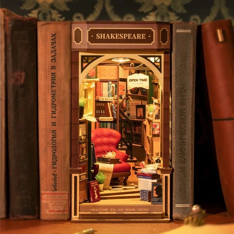 Shakespeare Bookstore DIY Book Nook Kit - 3D Wooden Book End - Bookshelf Insert Diorama - Miniature Crafts