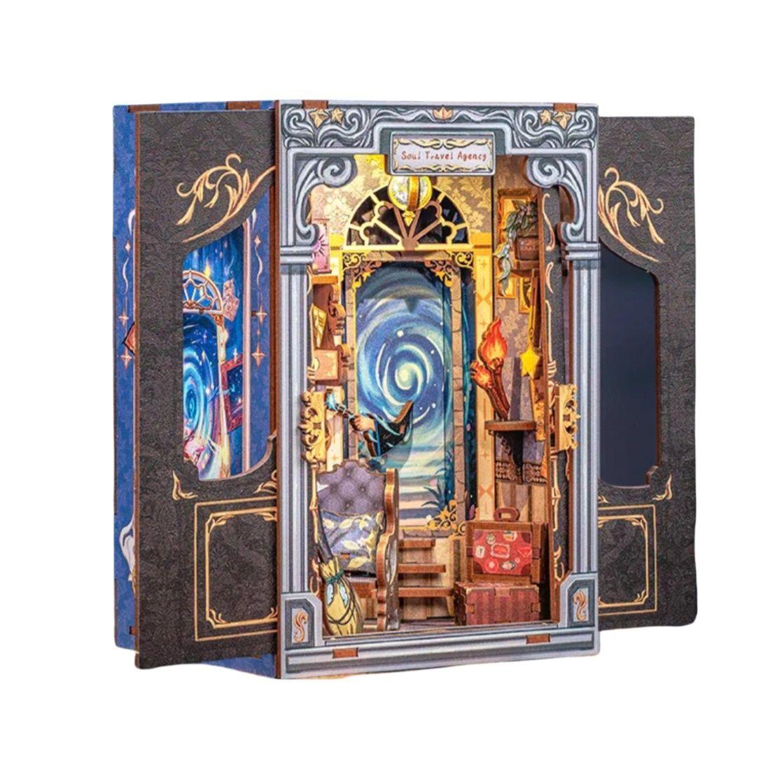 Soul Travel Agency DIY Book Nook Kit, a mystical miniature shop helps you to explore the soul and heal the heart through magical doors, complete with a touch-activated light and protective dust cover. Perfect for any book lover’s collection. Perfect for those who love the whimsical world, DIY enthusiasts, bookend lovers, model building lovers, dollhouse collectors, bookshelf insert decor.