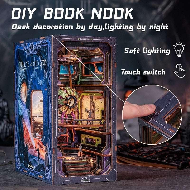 The Eye of Old God DIY Book Nook Kit, a cosmos themed miniature crafts with rich detailed scenes, interactive mechanism, touch switch light, and easy snap-in design, perfect for 3D puzzles bookend lovers, model building lovers, dollhouse collectors, bookshelf insert decor, A great DIY project for space lovers.