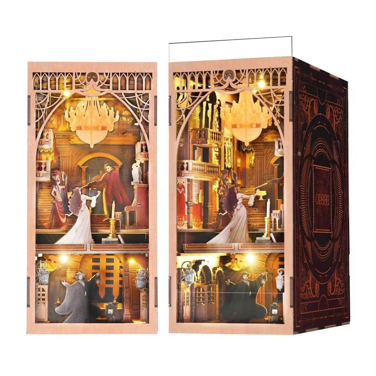 A The Phantom of The Opera inspired DIY Book Nook Kit, A charming miniature 3d wooden puzzles relives the charm of this classic tale with authentic miniature scenes., perfect for bookshelf decor, and dollhouse collectors, or a gift for Phantom of The Opera fans.