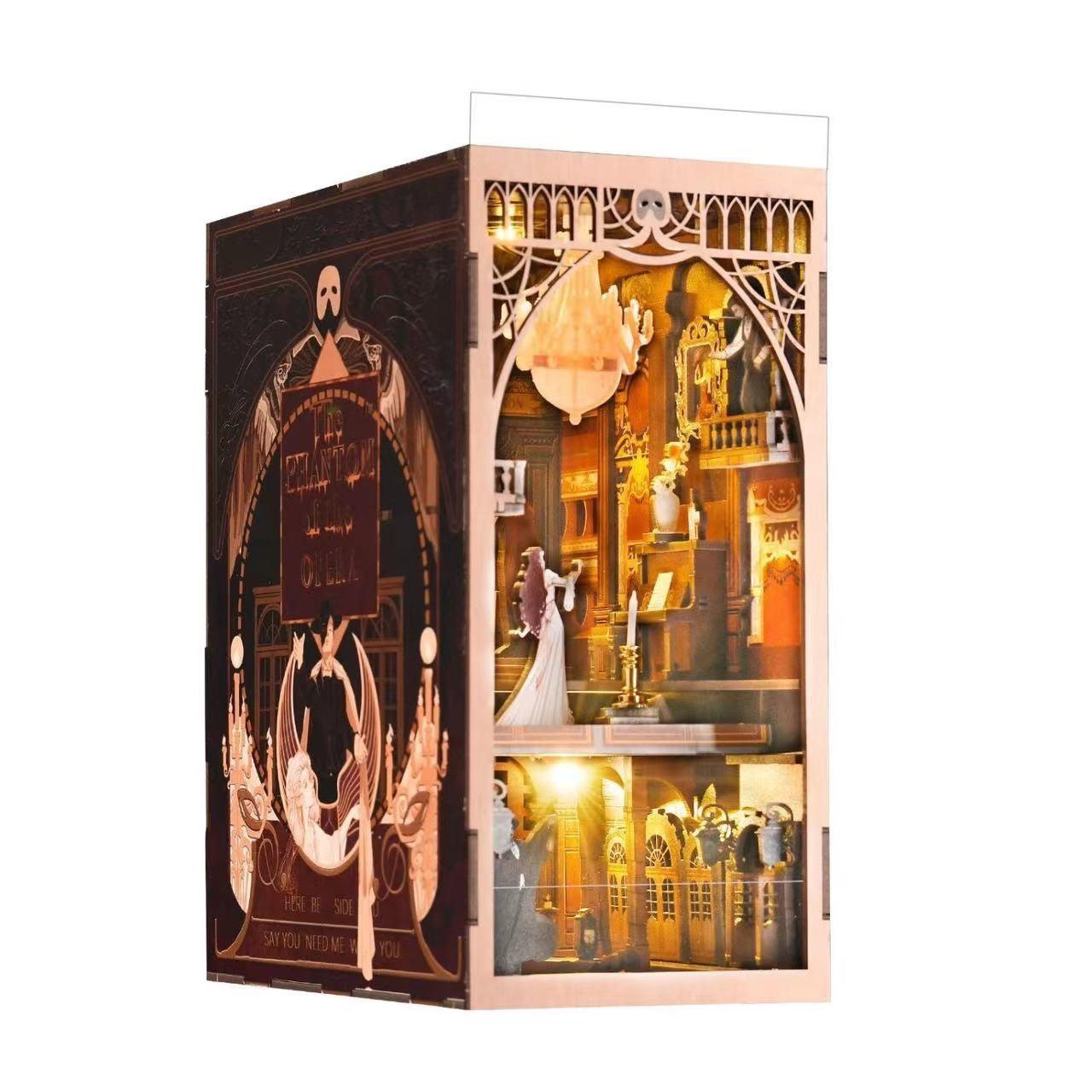 A The Phantom of The Opera inspired DIY Book Nook Kit, A charming miniature 3d wooden puzzles relives the charm of this classic tale with authentic miniature scenes., perfect for bookshelf decor, and dollhouse collectors, or a gift for Phantom of The Opera fans.