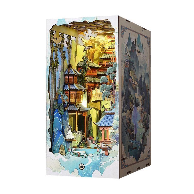 Ancient Fairyland DIY Book Nook Kit, A charming fairyland themed miniature puzzle crafts inspired by Chinese folklore and mythology, perfect for DIY crafting enthusiasts and dollhouse collectors alike. Ideal for bookshelf decor of gift for Chinese folklore and mythology lovers, right angle