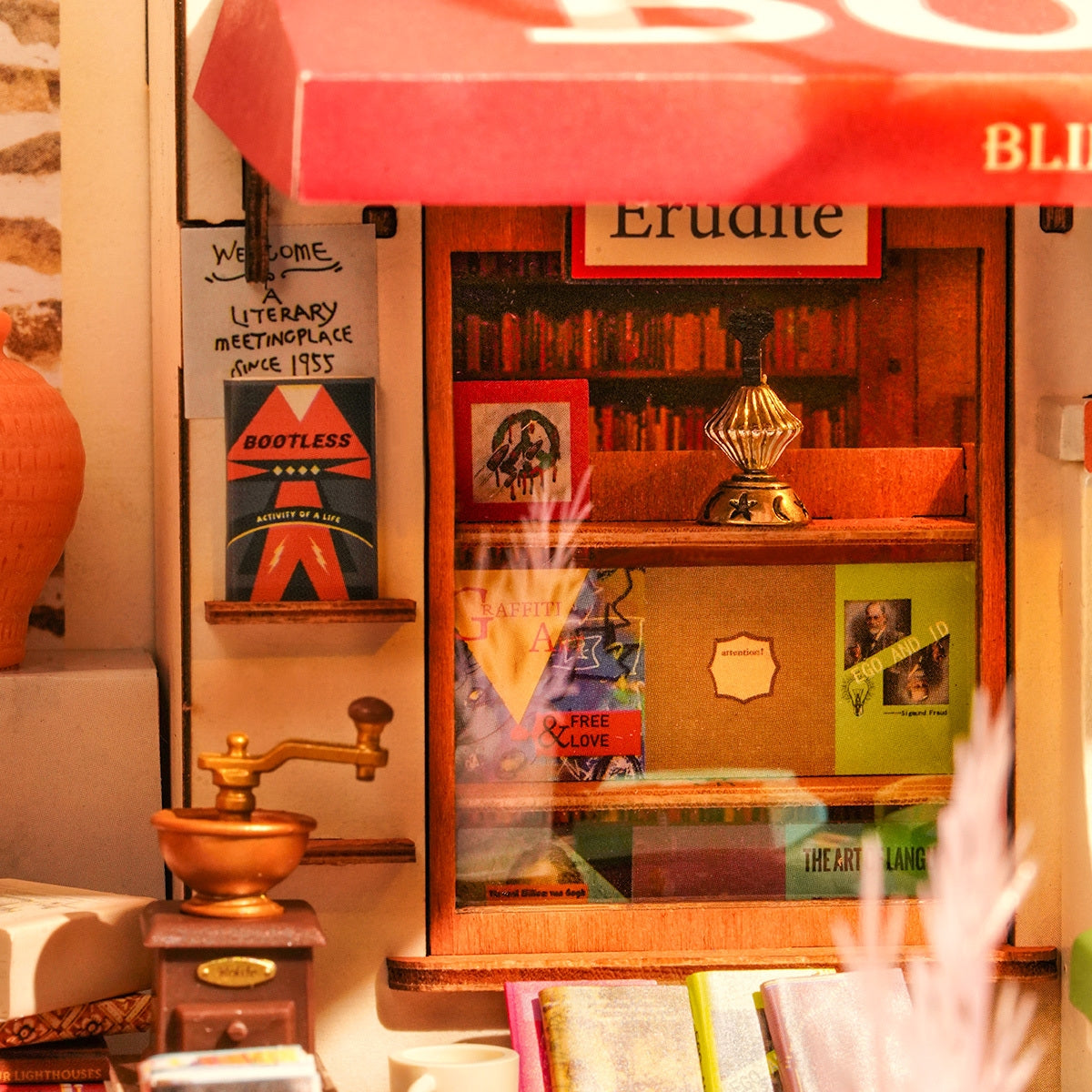 a close-up miniature scene of Corner Bookstore DIY Miniature House