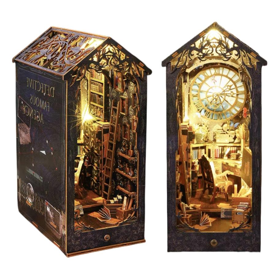 famous detective agency diy book nook kit, inspired by the famous detective Sherlock Holmes, A charming miniature 3d wooden puzzles bring the mysteries of Victorian London to life in authentic miniature scenes, perfect for bookshelf decor, and dollhouse collectors, or a gift for Sherlock Holmes fans.