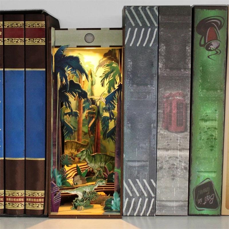 Dinosaur World DIY book nook kit, adventurers bookshelf insert decor diorama, 3d wooden puzzles book end, miniature house crafts - home decor