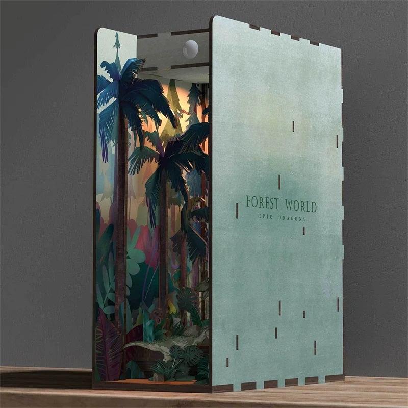 Dinosaur World DIY book nook kit, adventurers bookshelf insert decor diorama, 3d wooden puzzles book end, miniature house crafts - right