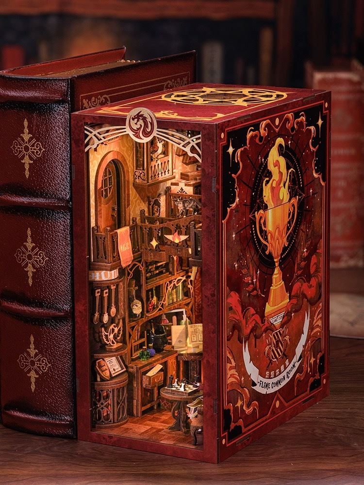 flame common room diy book nook - magic school 3d wooden bookend - harry potter bookshelf insert diorama - miniature crafts