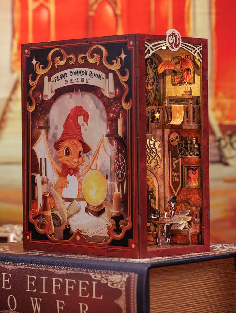 flame common room diy book nook - magic school 3d wooden bookend - harry potter bookshelf insert diorama - miniature crafts