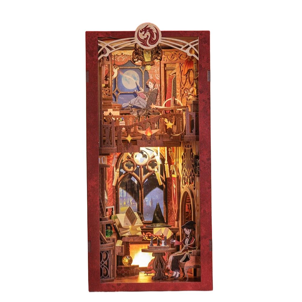 flame common room diy book nook - magic school 3d wooden bookend - harry potter bookshelf insert diorama - miniature crafts