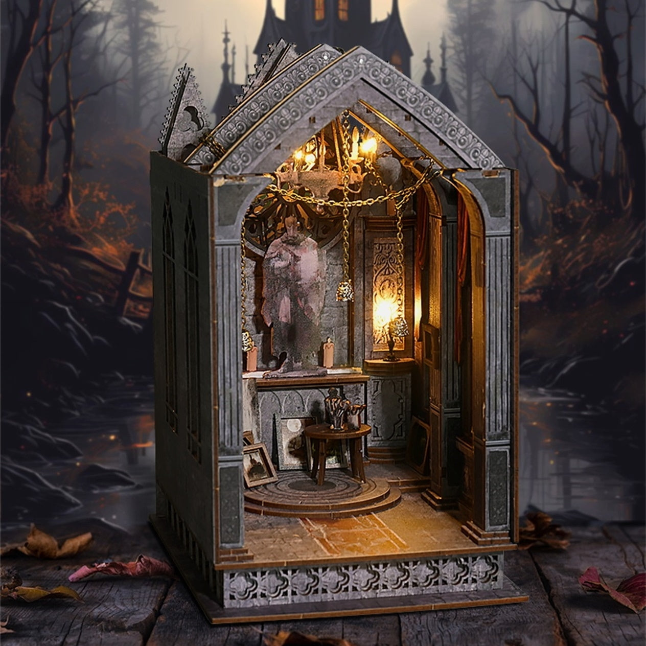 Quiet Night Prayer | DIY Book Nook Kit | Gothic Architecture Inspired 3D Wooden Bookend | Bookshelf Insert Diorama | Miniature Crafts