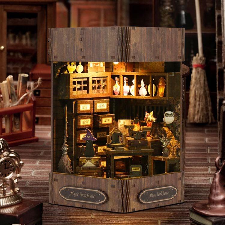 Magic Book Nook DIY Kit, Wizarding World theme bookshelf insert decor miniature crafts kit, A charming miniature 3d wooden puzzles inspired by Harry Potter, perfect for crafting enthusiasts and dollhouse collectors alike.