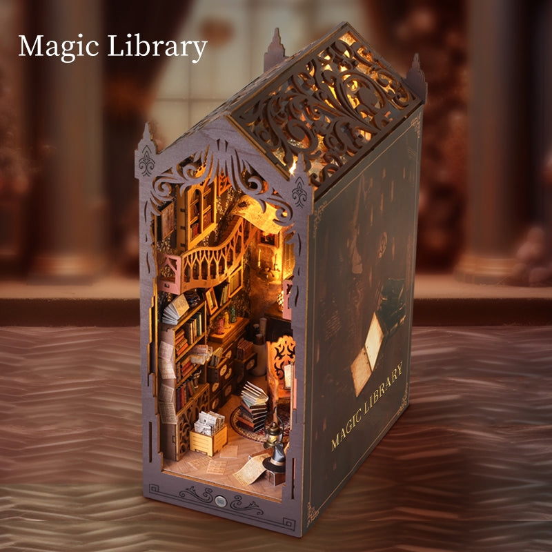 Magic Library DIY Book Nook Kit | 3D Wooden Puzzle Bookend | Bookshelf Decor Diorama | Miniature House Book Stand