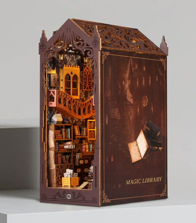 Magic Library DIY Book Nook Kit | 3D Wooden Puzzle Bookend | Bookshelf Decor Diorama | Miniature House Book Stand