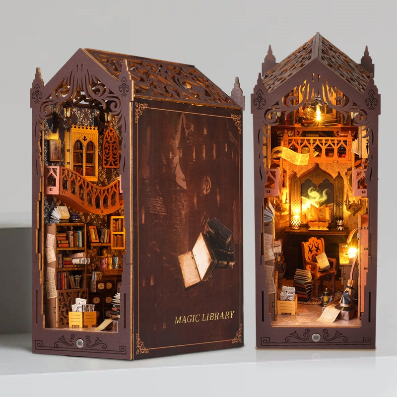 Magic Library DIY Book Nook Kit | 3D Wooden Puzzle Bookend | Bookshelf Decor Diorama | Miniature House Book Stand