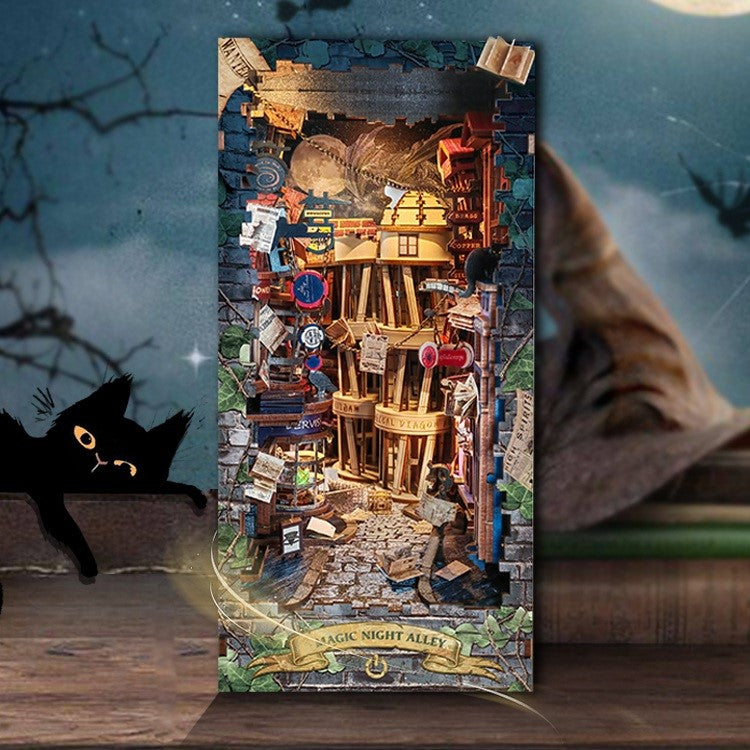 Harry potter inspired Magic Night Alley DIY Book Nook Kit - 3d wooden bookend - bookshelf insert diorama - miniature crafts