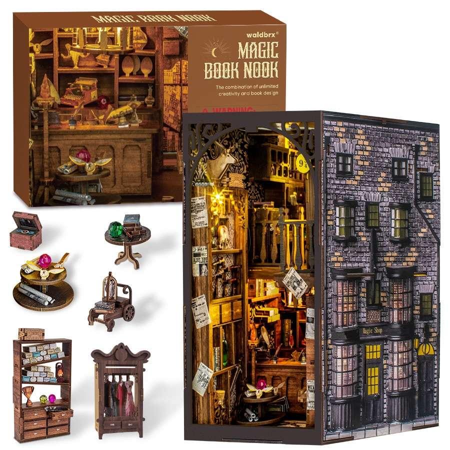 Magic Wand Shop Book Nook Kit, a miniature bookend inspired by Harry Potter. perfect for DIY lovers, dollhouse collectors, bookshelf insert decor, A great DIY 3d puzzle project for magic world fans.