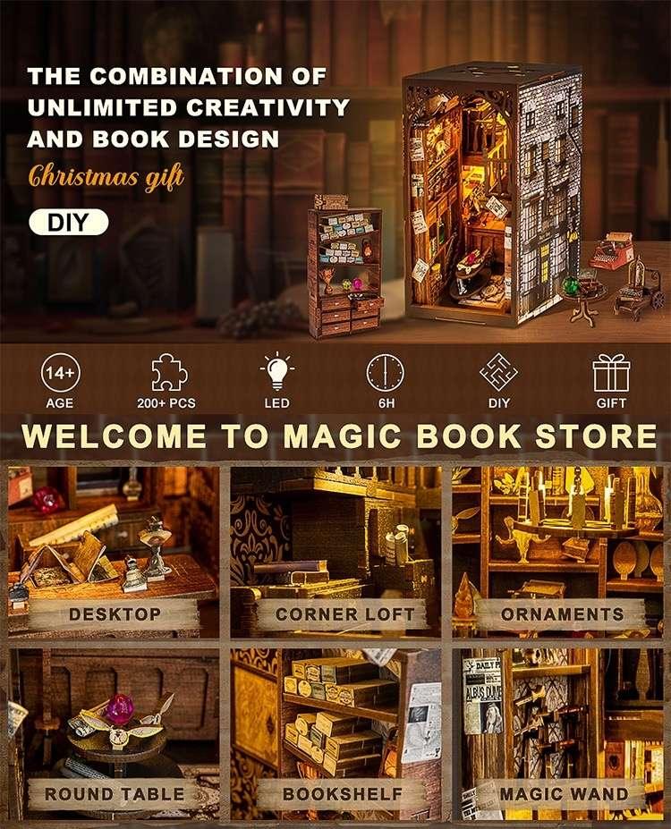 Magic Wand Shop Book Nook Kit, a miniature bookend inspired by Harry Potter. perfect for DIY lovers, dollhouse collectors, bookshelf insert decor, A great DIY 3d puzzle project for magic world fans.