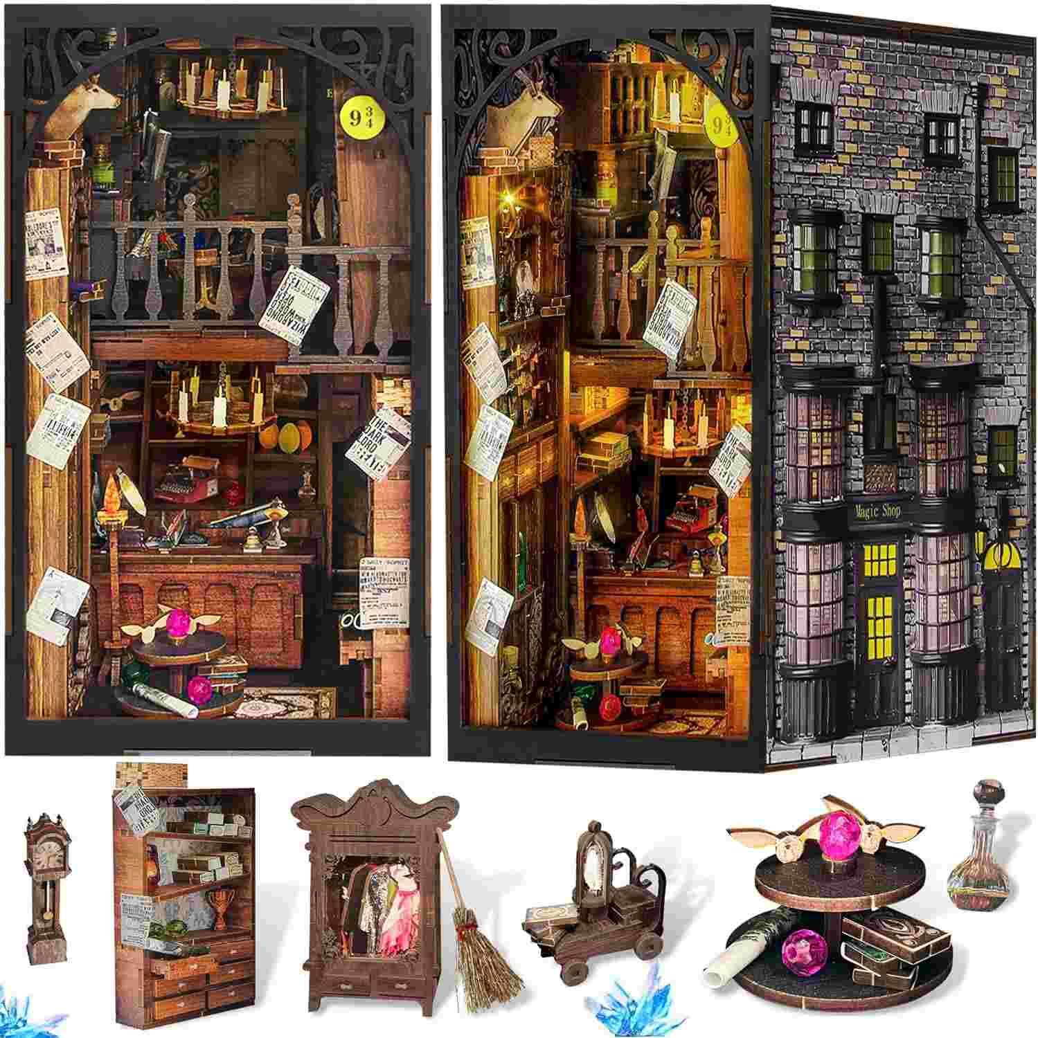 Magic Wand Shop Book Nook Kit, a miniature bookend inspired by Harry Potter. perfect for DIY lovers, dollhouse collectors, bookshelf insert decor, A great DIY 3d puzzle project for magic world fans.