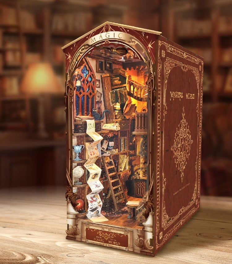 Magic World DIY Book Nook Kit - 3D Wooden Puzzles - Bookend - Bookshelf Insert Diorama - Miniature Crafts