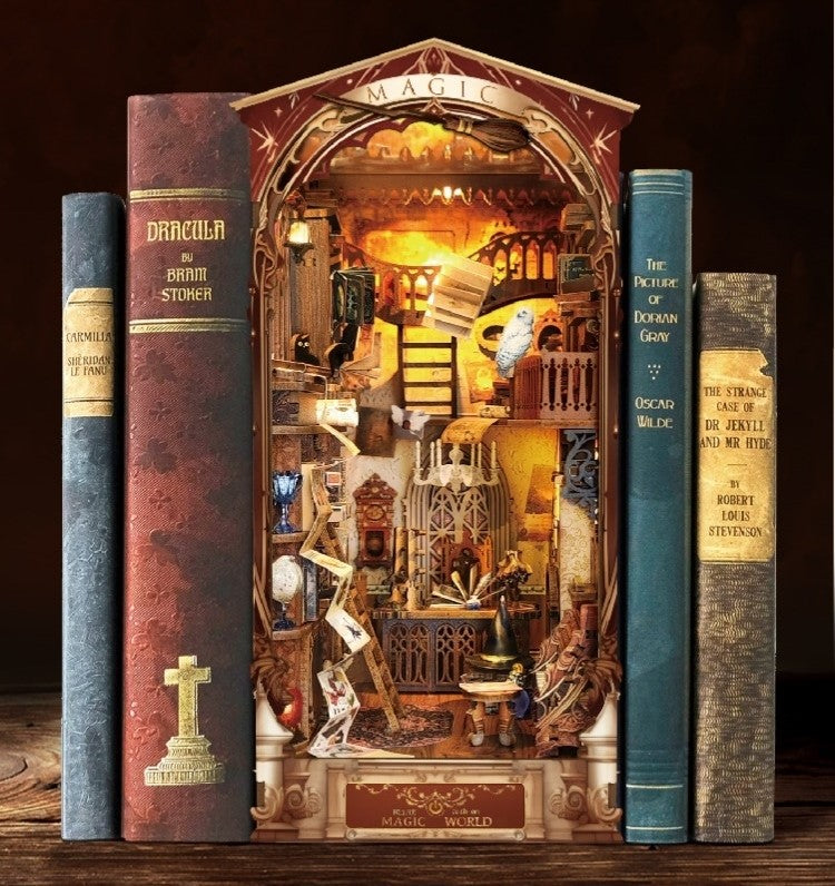 Magic World DIY Book Nook Kit - 3D Wooden Puzzles - Bookend - Bookshelf Insert Diorama - Miniature Crafts