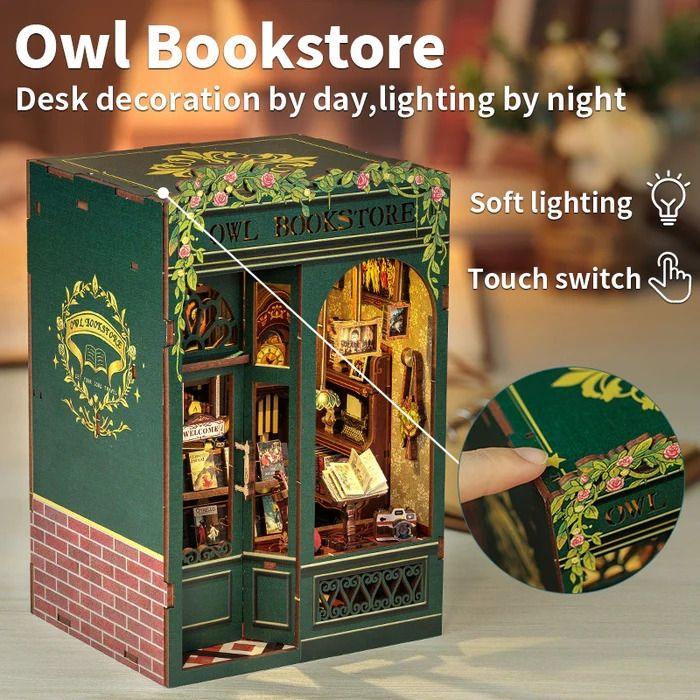 Owl Bookstore DIY Book Nook Kit, a miniature crafts inspired by Old London with rich detailed scenes, touch switch light, and easy snap-in design, perfect for 3D puzzles bookend lovers, model building lovers, dollhouse collectors, bookshelf insert decor, A great DIY project for Renaissance era lovers.