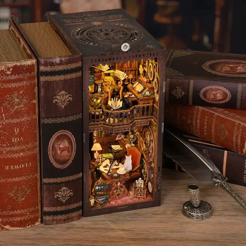 Magic Time Wonder Library DIY Book Nook Kit, A charming miniature 3d wooden puzzles inspired by Harry Potter, perfect for bookshelf decor, and dollhouse collectors, or a gift for wizarding world lovers.